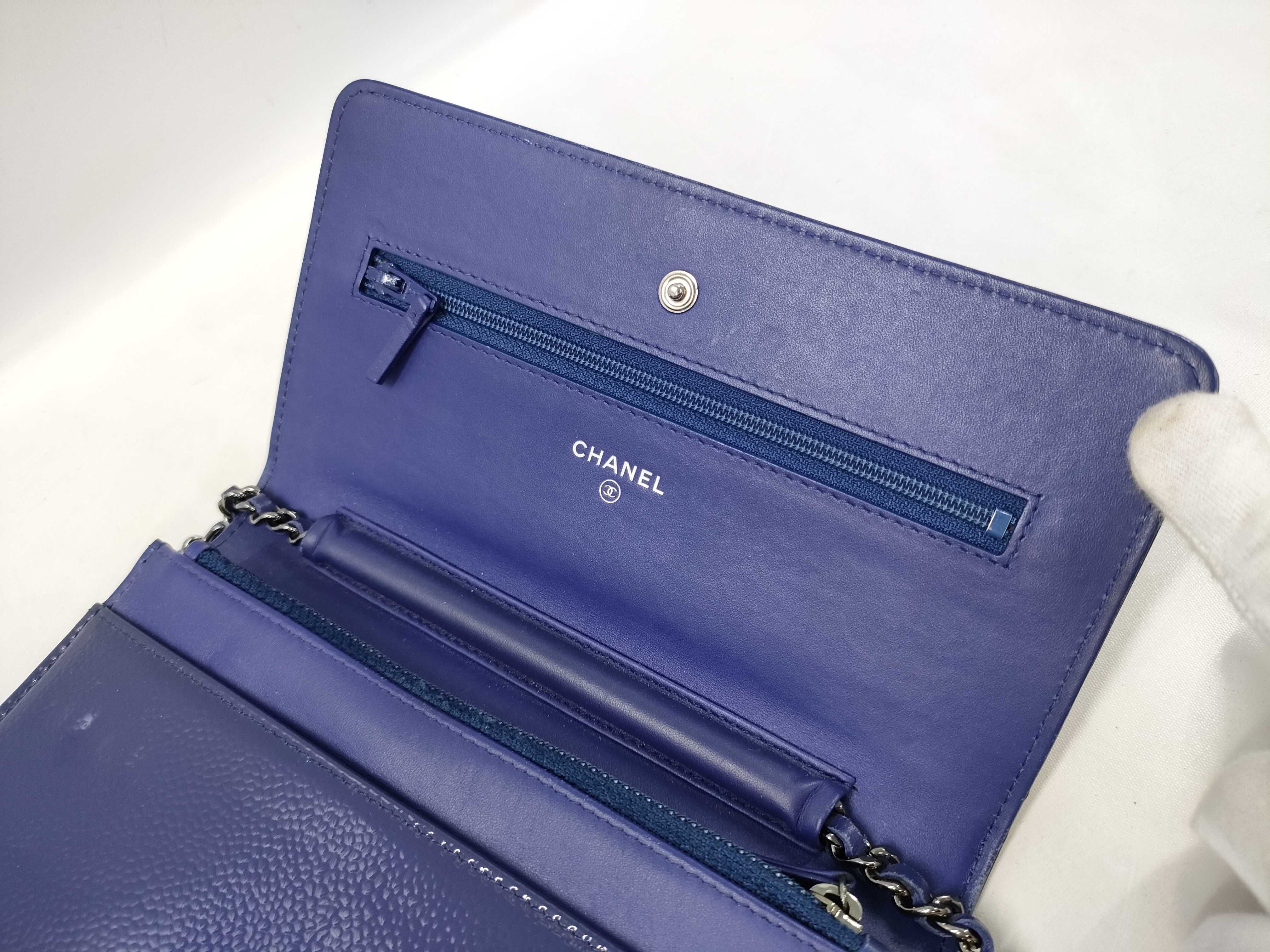 【水曜終了】(10228_0071)CHANEL パテント チェーンウォレット ブルー ショルダーバッグ