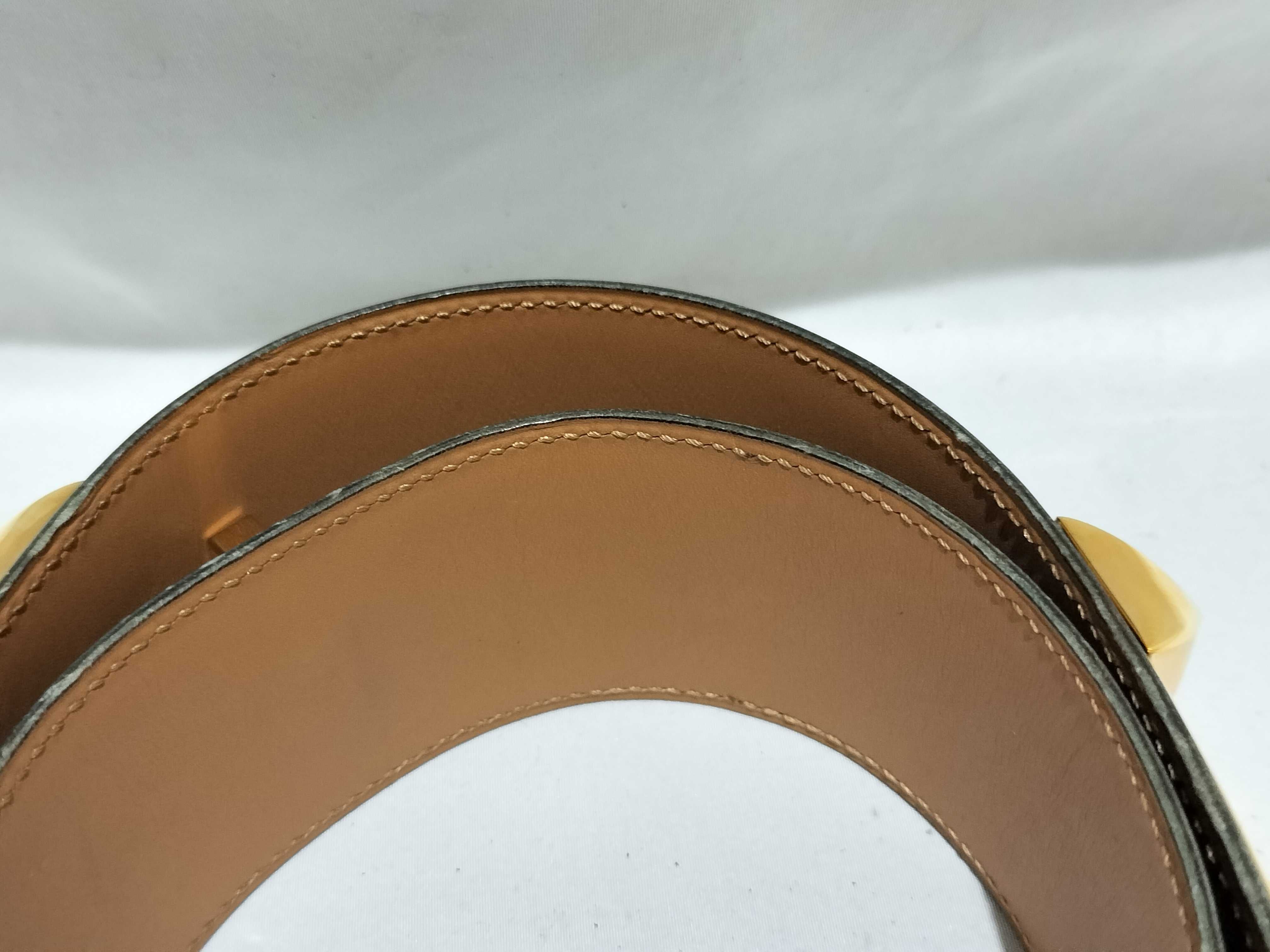 【水曜終了】(10227_0030)HERMES コリエドシアン ブラック ボックスカーフ GD金具 65 〇X刻 ベルト