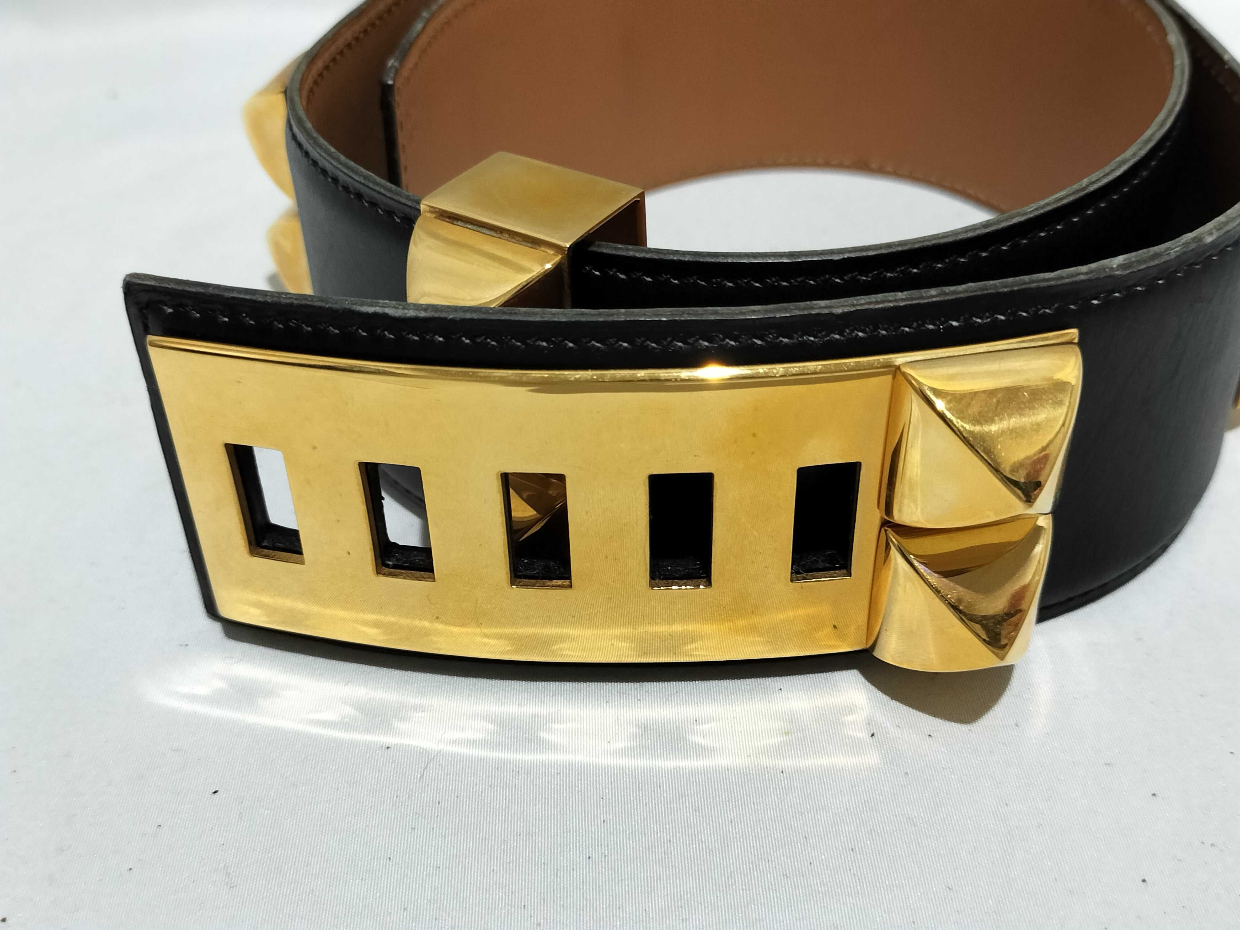 【水曜終了】(10227_0030)HERMES コリエドシアン ブラック ボックスカーフ GD金具 65 〇X刻 ベルト