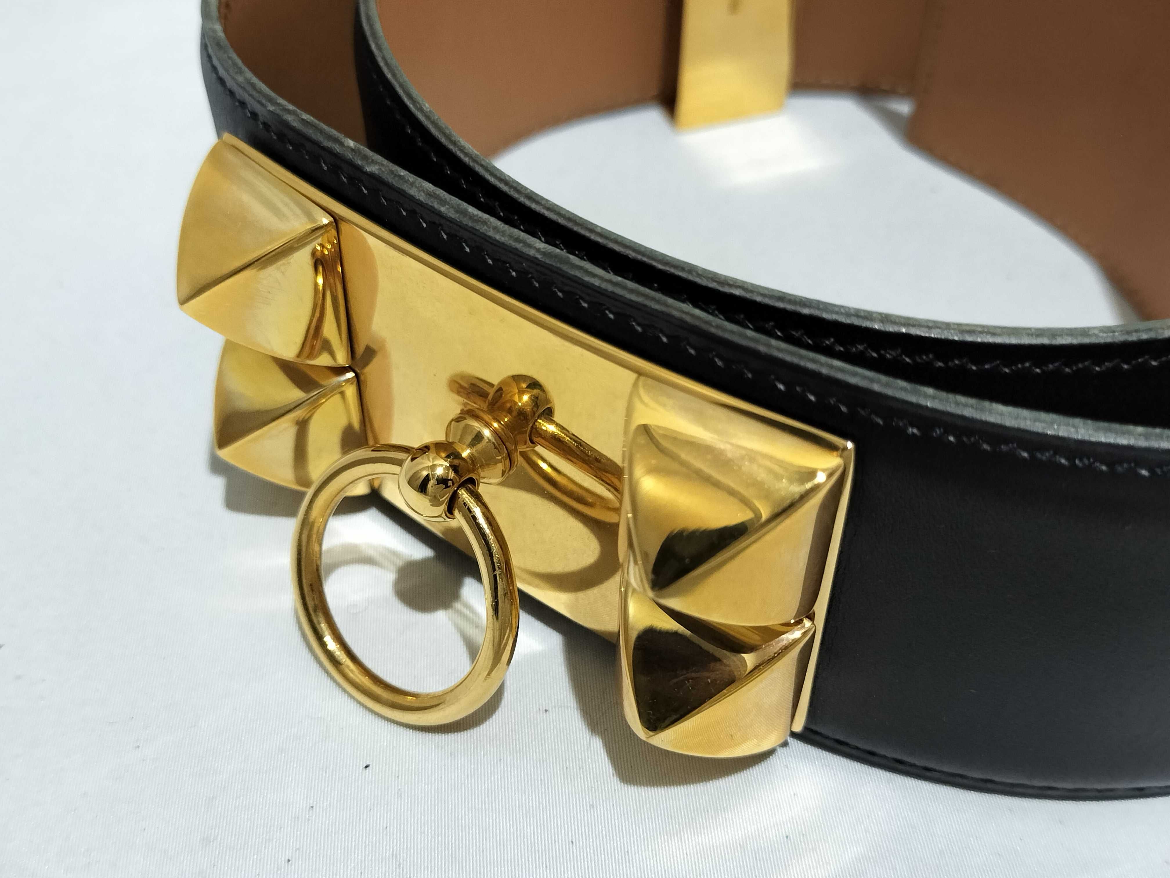 【水曜終了】(10227_0030)HERMES コリエドシアン ブラック ボックスカーフ GD金具 65 〇X刻 ベルト