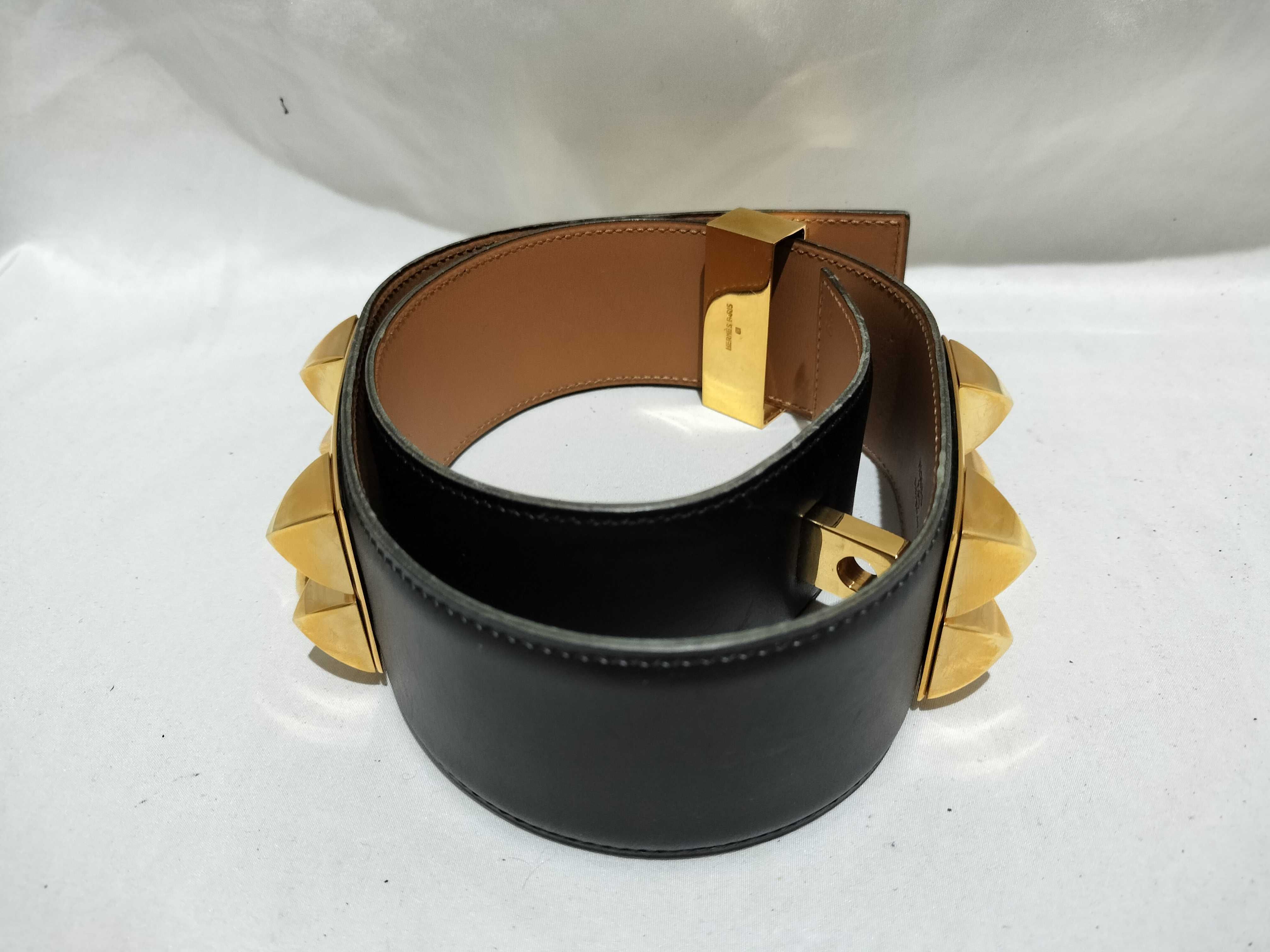 【水曜終了】(10227_0030)HERMES コリエドシアン ブラック ボックスカーフ GD金具 65 〇X刻 ベルト