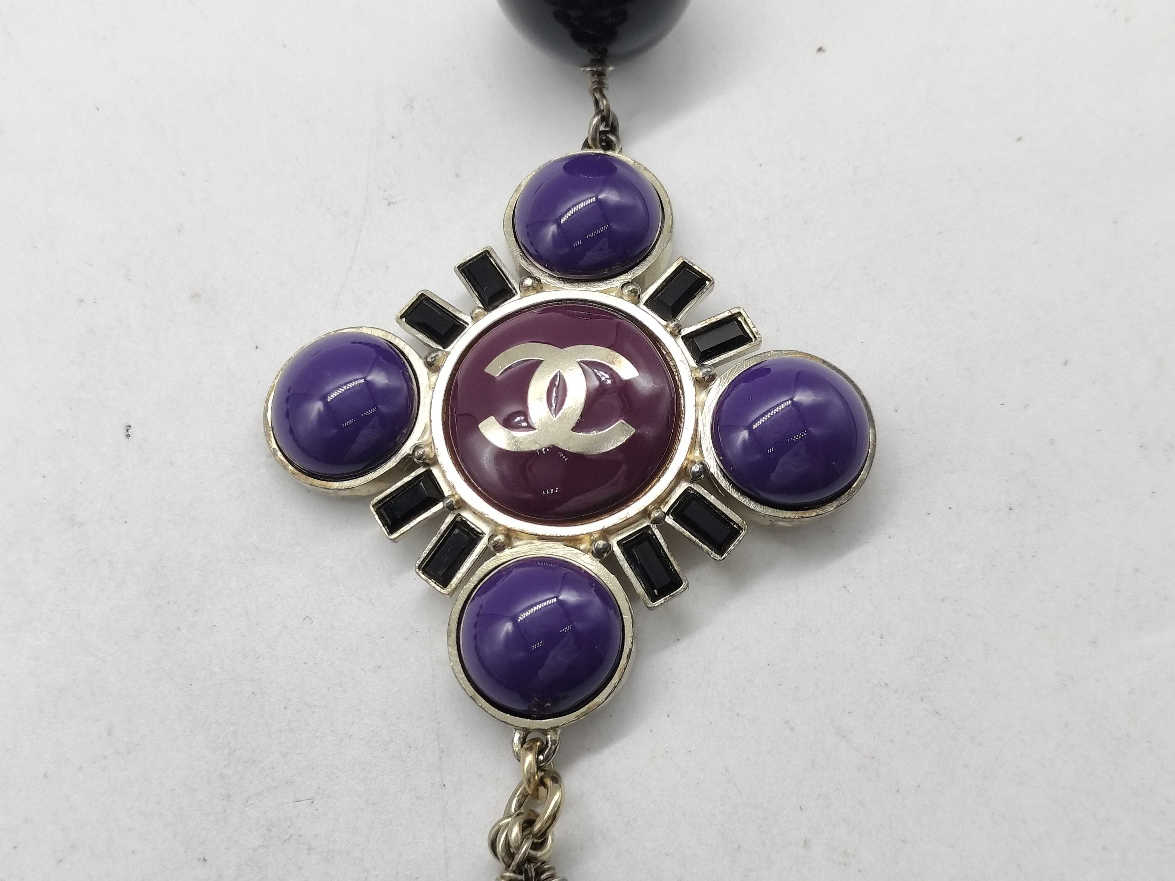 【水曜終了】(10228_0047)CHANEL ココ 07A パープル×ブラック ストーン ネックレス ネックレス