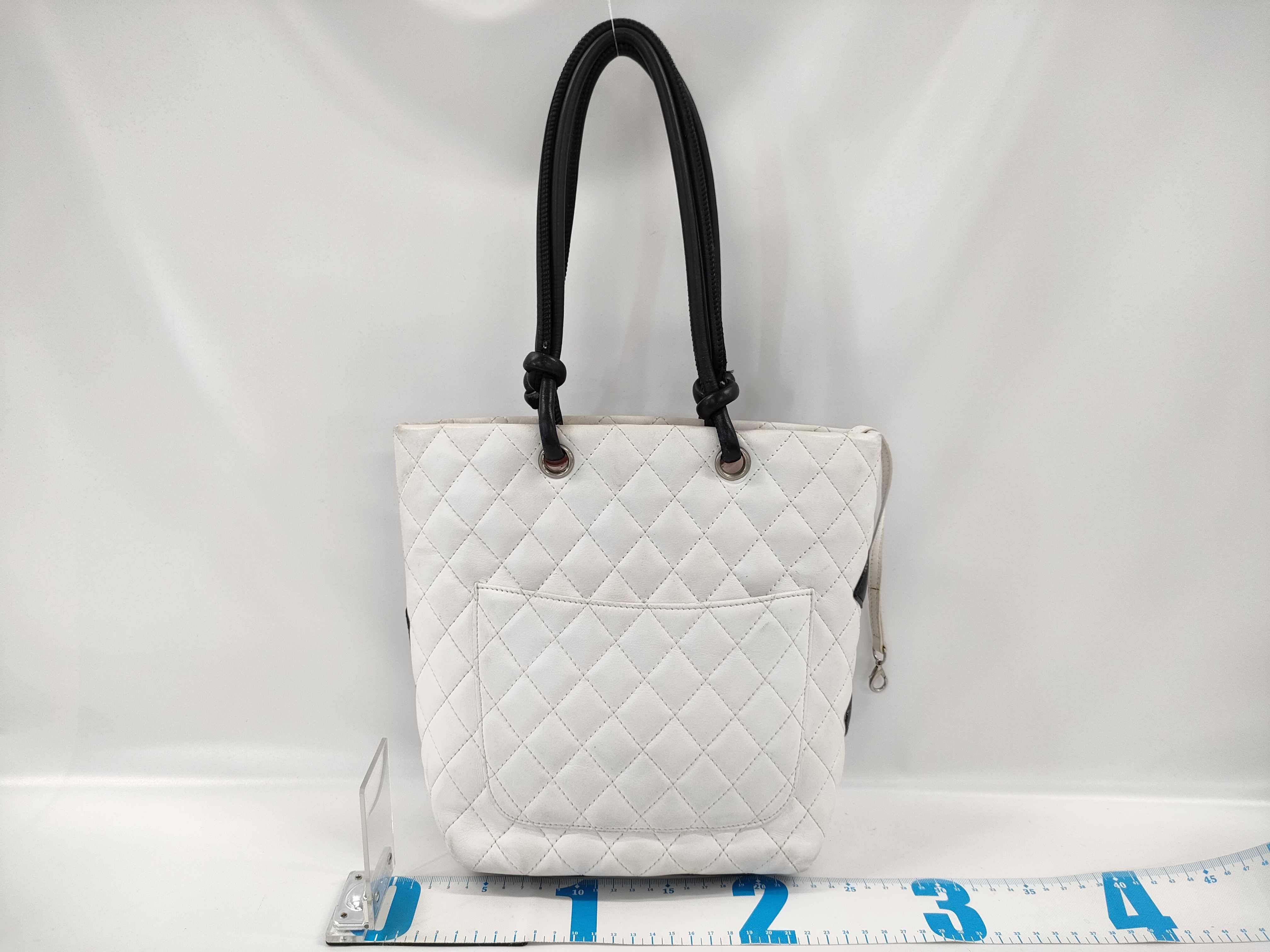 【水曜終了】(10707_0028)CHANEL シャネル カンボンライン ラムスキン ホワイトxブラック シルバー金具 トートバッグ