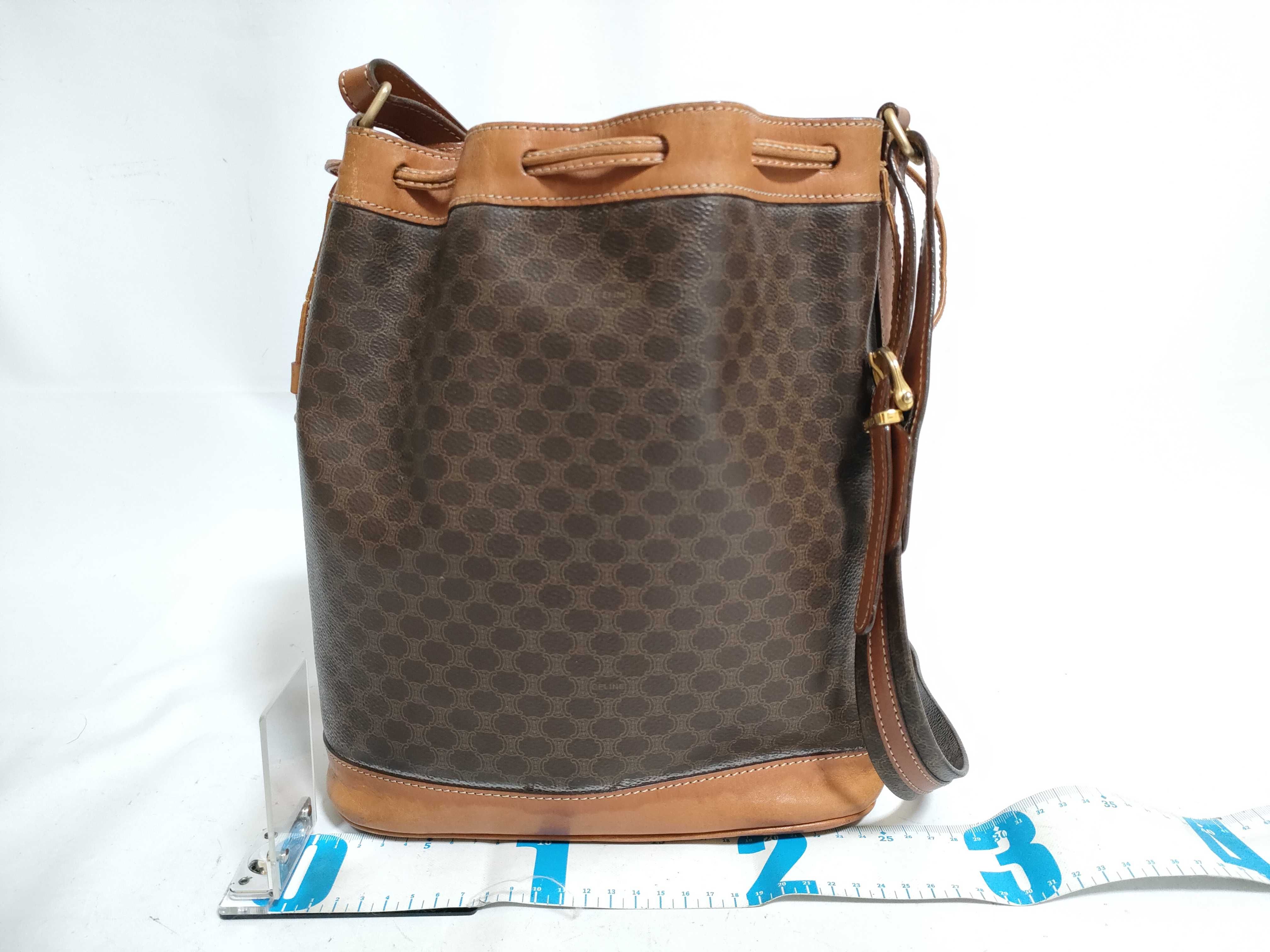 【水曜終了】(10827_0035)CELINE 巾着ショルダー マカダム ブラウン M95 ショルダーバッグ