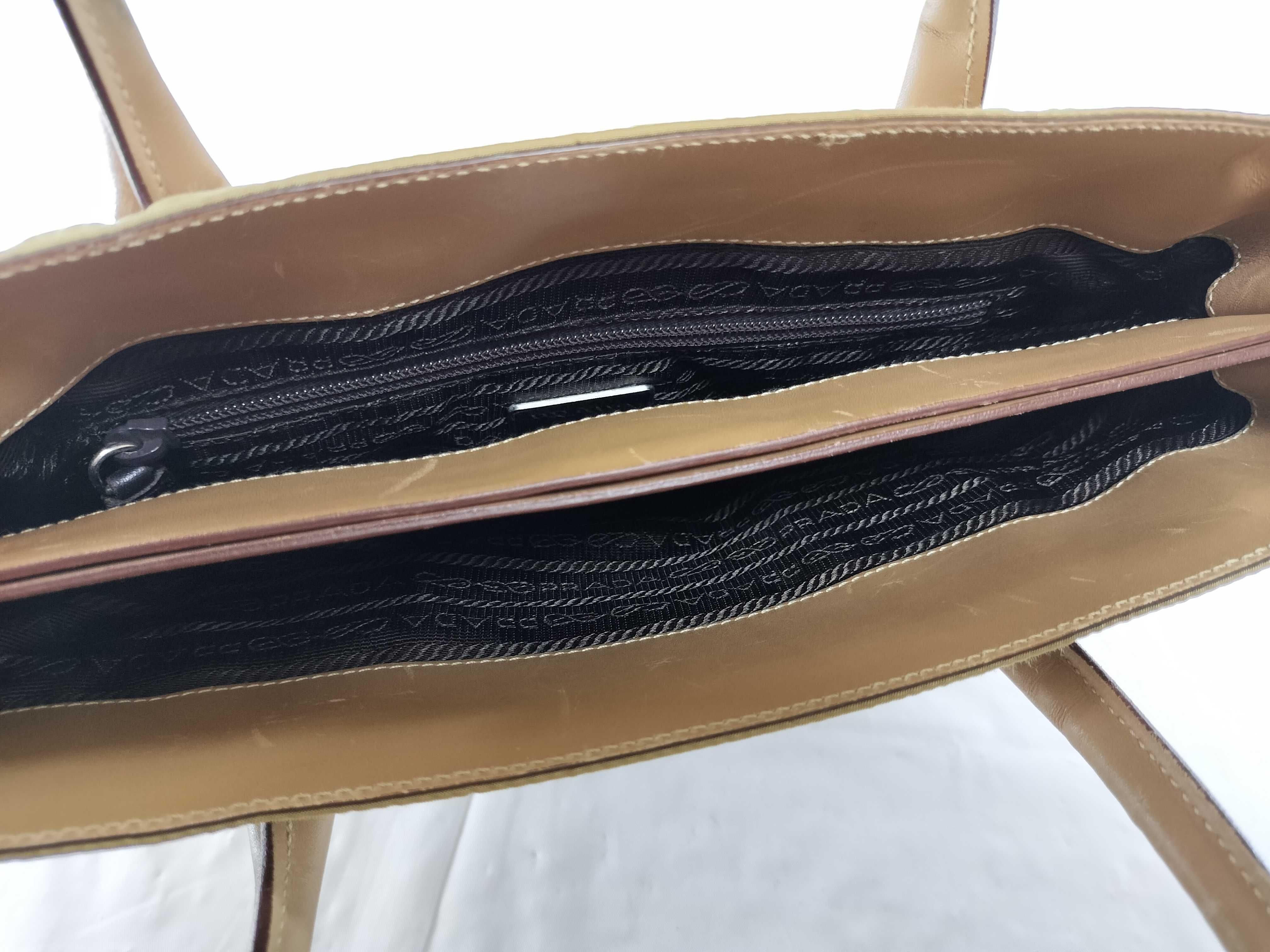 【水曜終了】(10709_0096)PRADA ナイロン ナイロン×レザー ベージュ トートバッグ