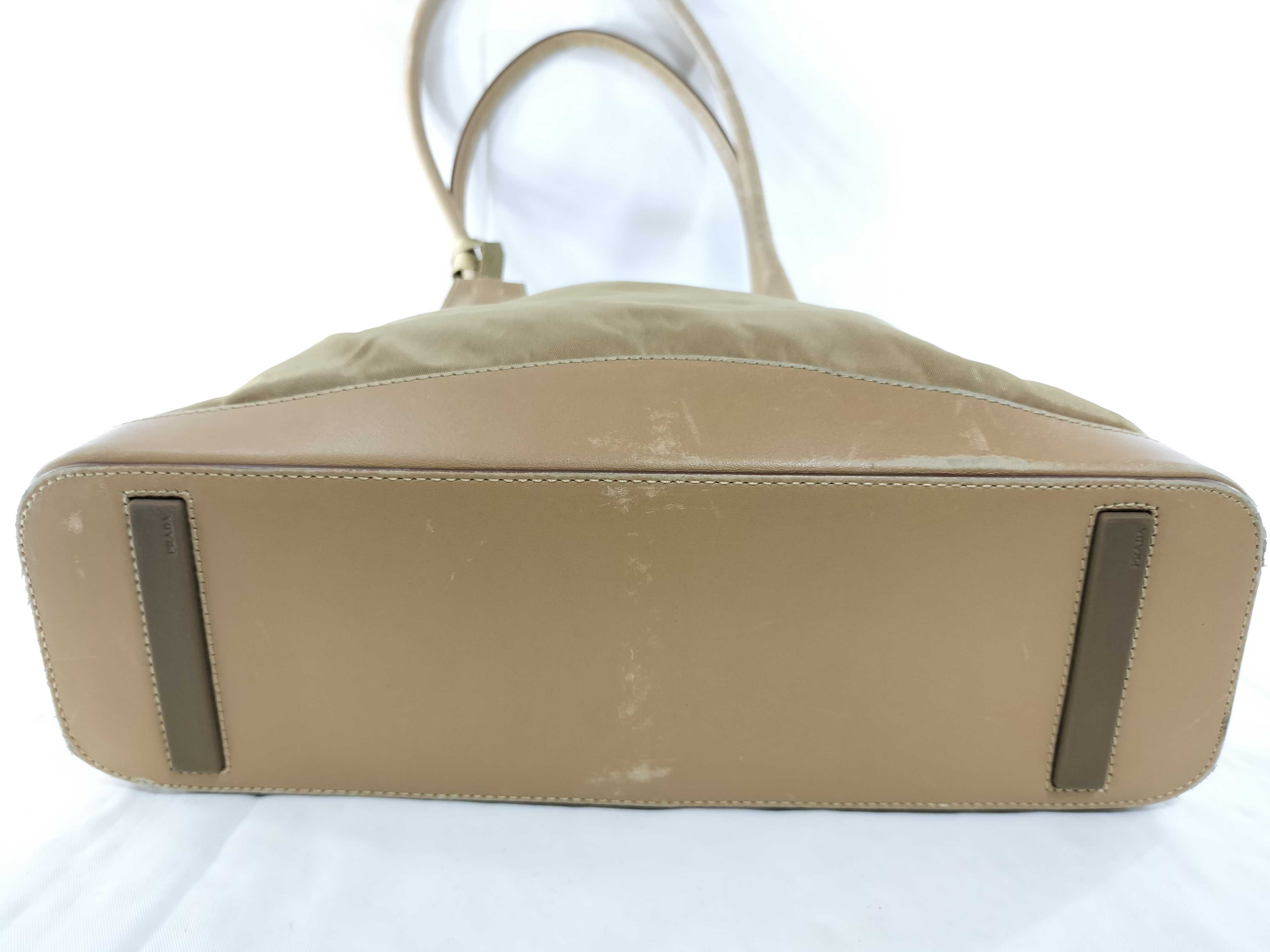 【水曜終了】(10709_0096)PRADA ナイロン ナイロン×レザー ベージュ トートバッグ