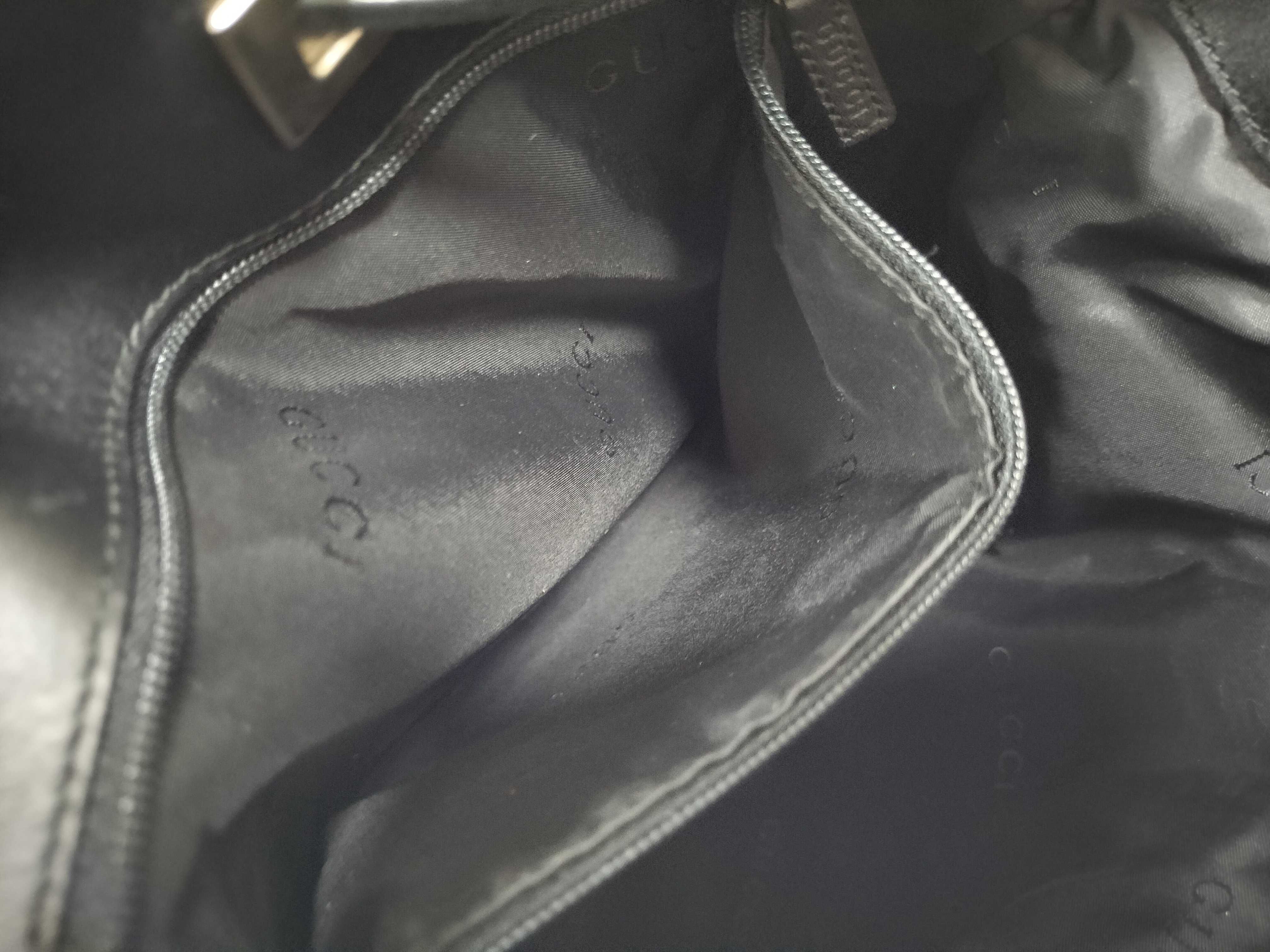 【水曜終了】(10709_0021)GUCCI GGキャンバス ×レザー 巾着 ワンショルダー 001 4021 ブラック ショルダーバッグ