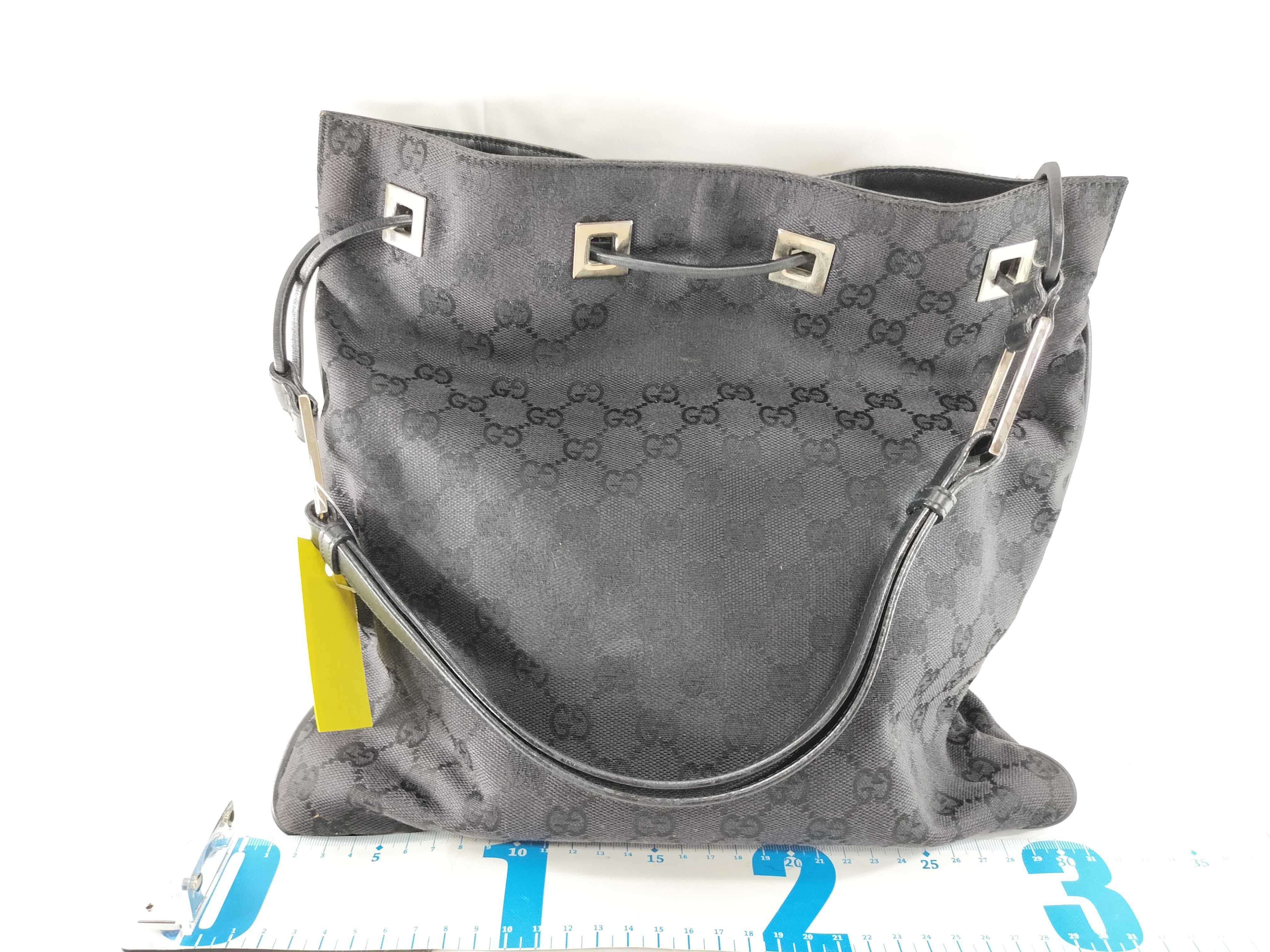 【水曜終了】(10709_0021)GUCCI GGキャンバス ×レザー 巾着 ワンショルダー 001 4021 ブラック ショルダーバッグ