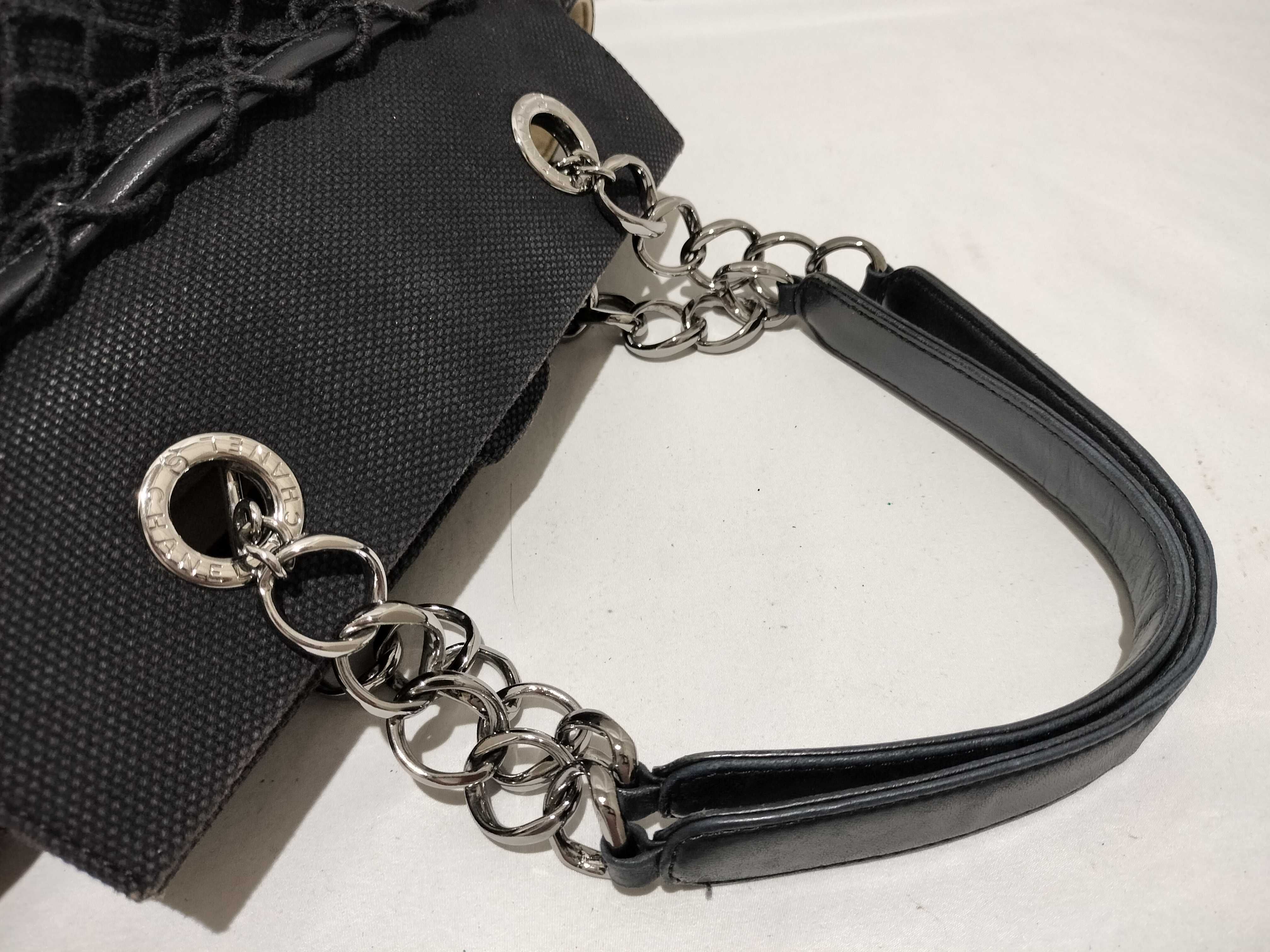 【水曜終了】(10696_0158)CHANEL ココマーク キャンバス×レザー チェーン ハンドバッグ SV金具 ハンドバッグ