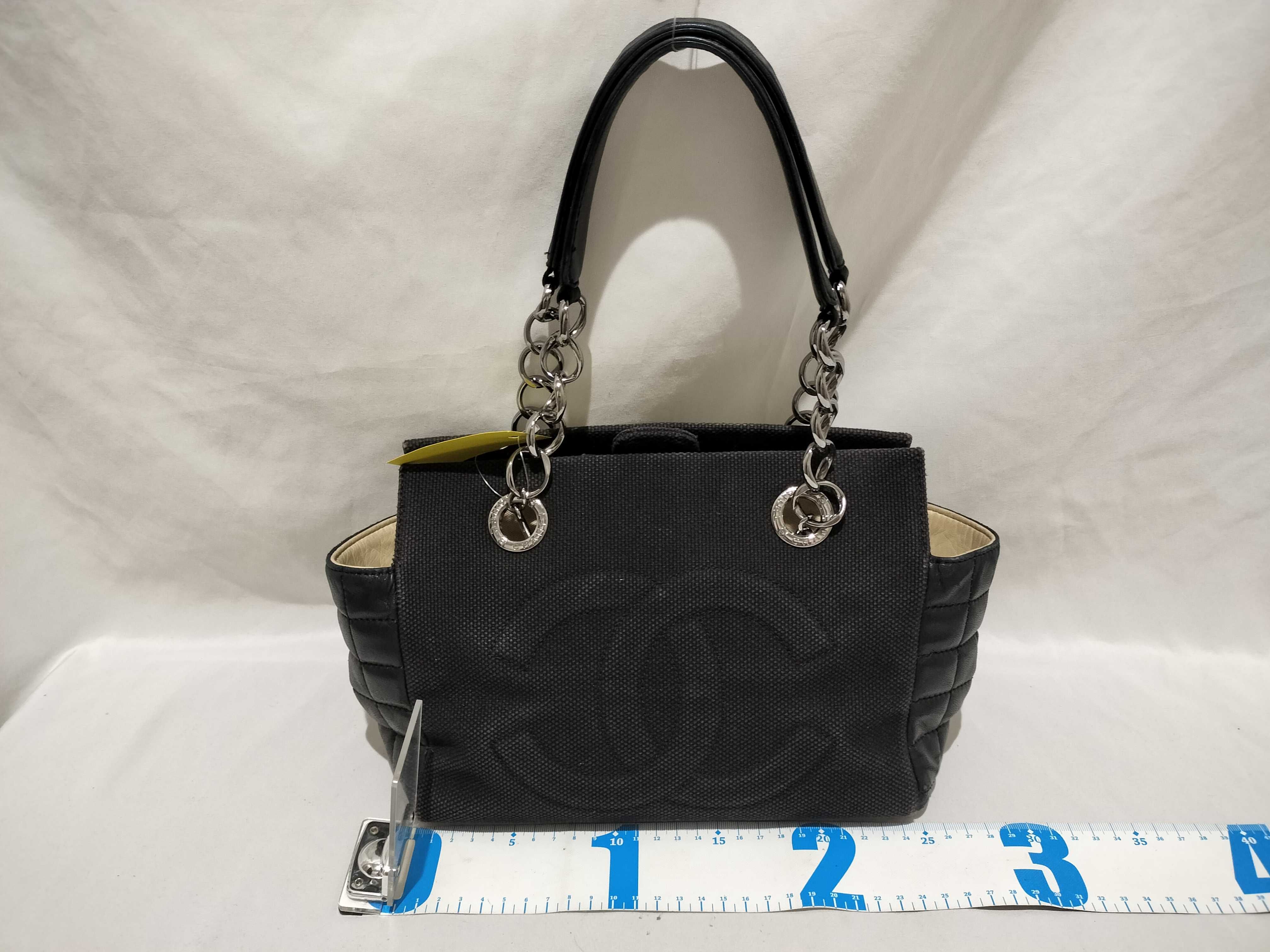 【水曜終了】(10696_0158)CHANEL ココマーク キャンバス×レザー チェーン ハンドバッグ SV金具 ハンドバッグ