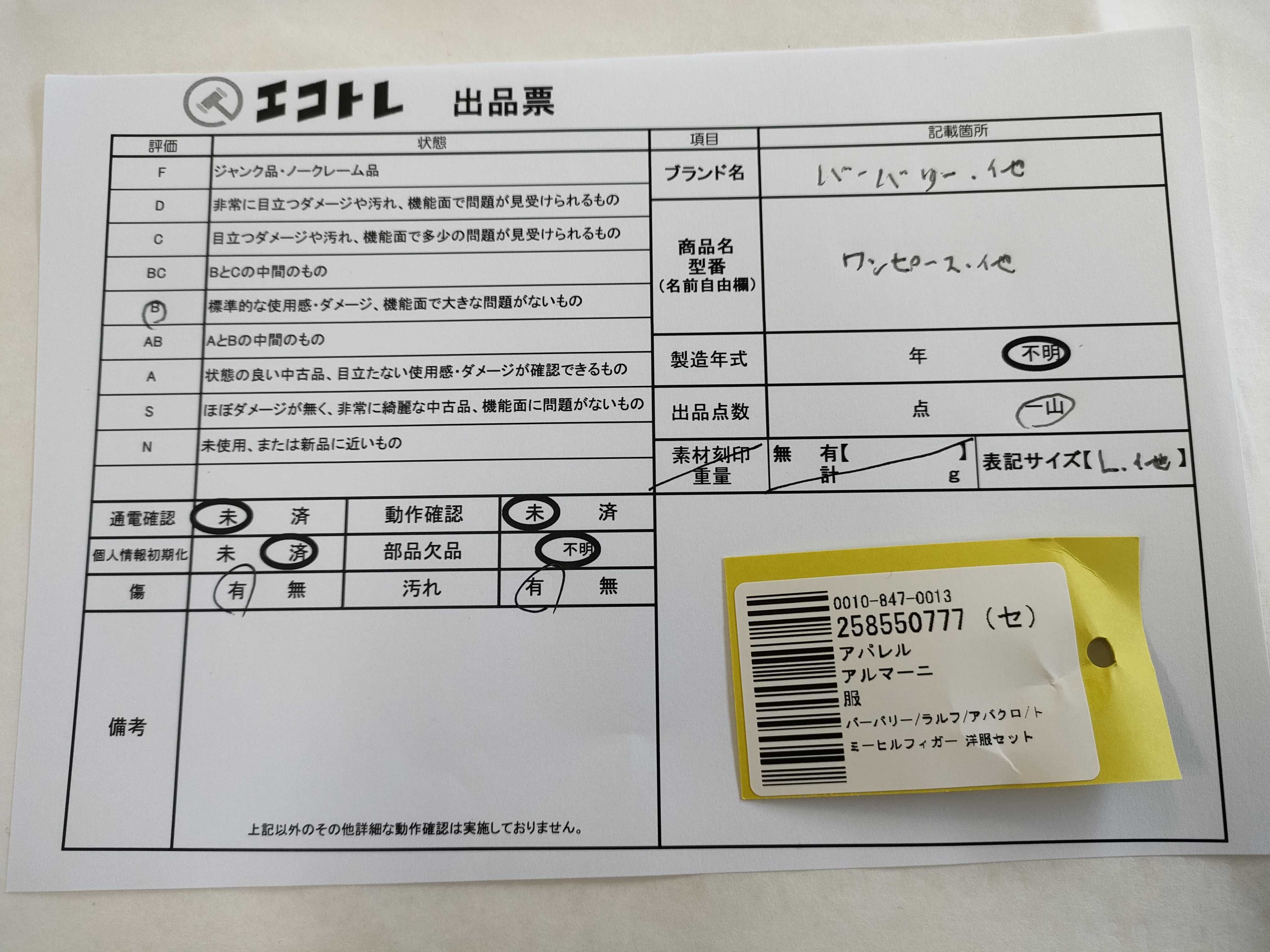 (10922_0011)▼ARMANI バーバリー/ラルフ/アバクロ/トミーヒルフィガー 洋服セット ワンピース