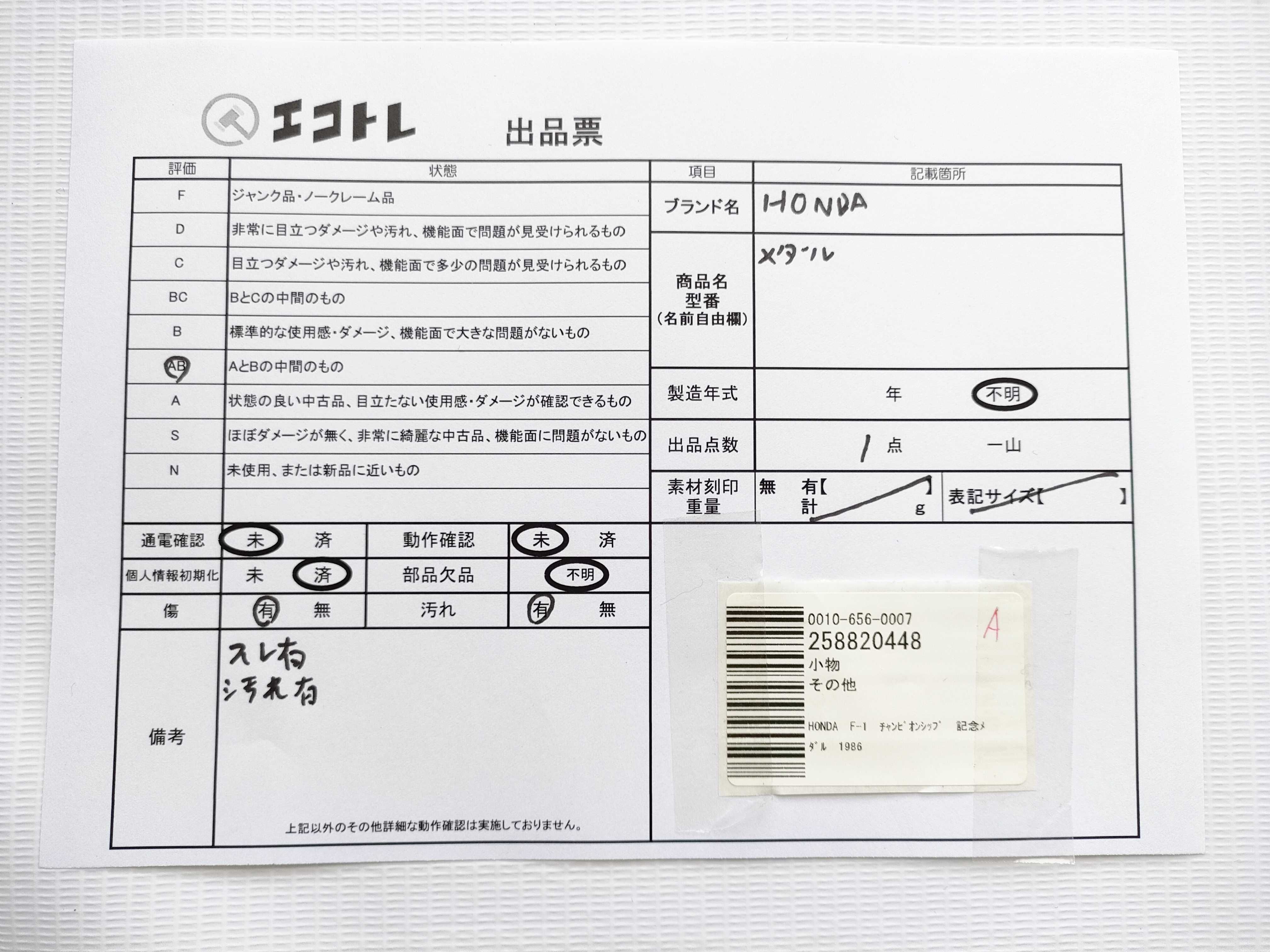 (10931_0850)▼HONDA F－1 チャンピオンシップ 記念メダル 1986 その他小物